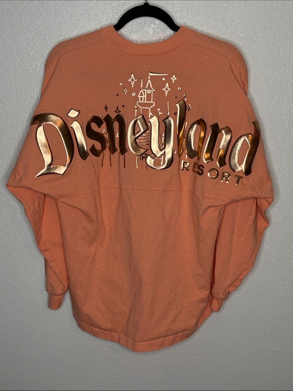 Disney Land Resorts Peach Rose Gold Glitter Spirit Jersey Spellout Size Small